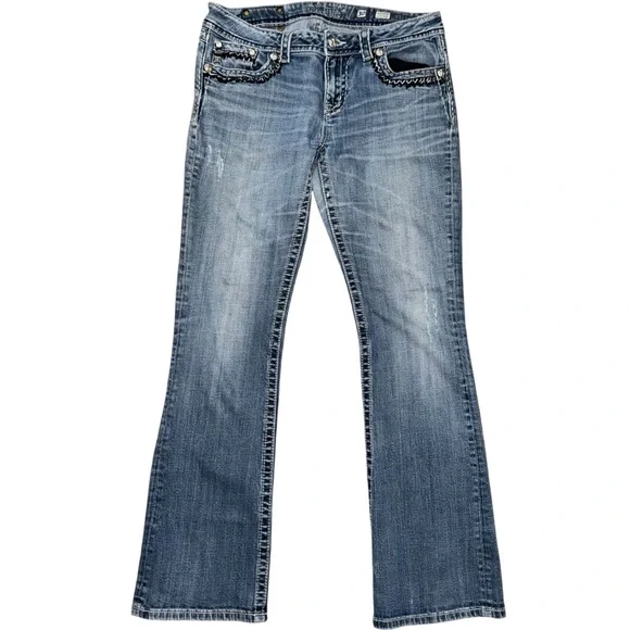 Miss Me Easy Boot Jeans Womens 30 Distressed Flawed Inner Thigh Wear Stretch - Picture 3 of 10